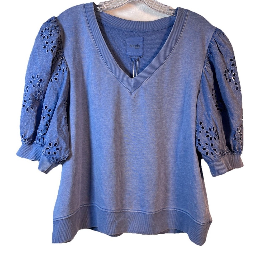 New KENSIE Sz XL Top Eyelet Puff Sleeve V-Neck Shirt Blue Vintage Washed NWT